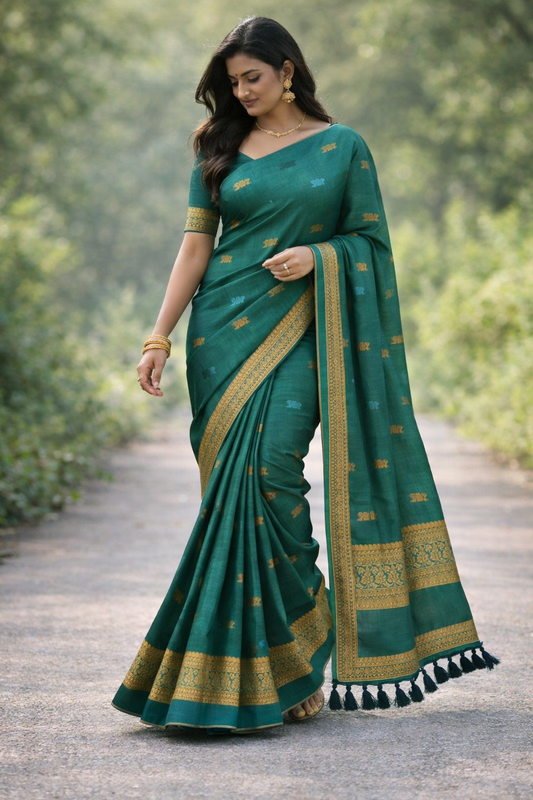 KANHARA KALYANI PREMIUM COTTON SAREE (DEEP GREEN)